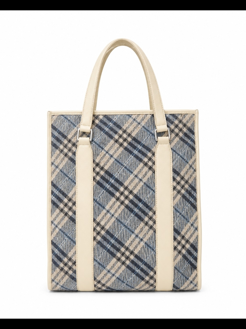 Burberry Blue Plaid Canvas Tote with Cream Leather Trim (Vintage)